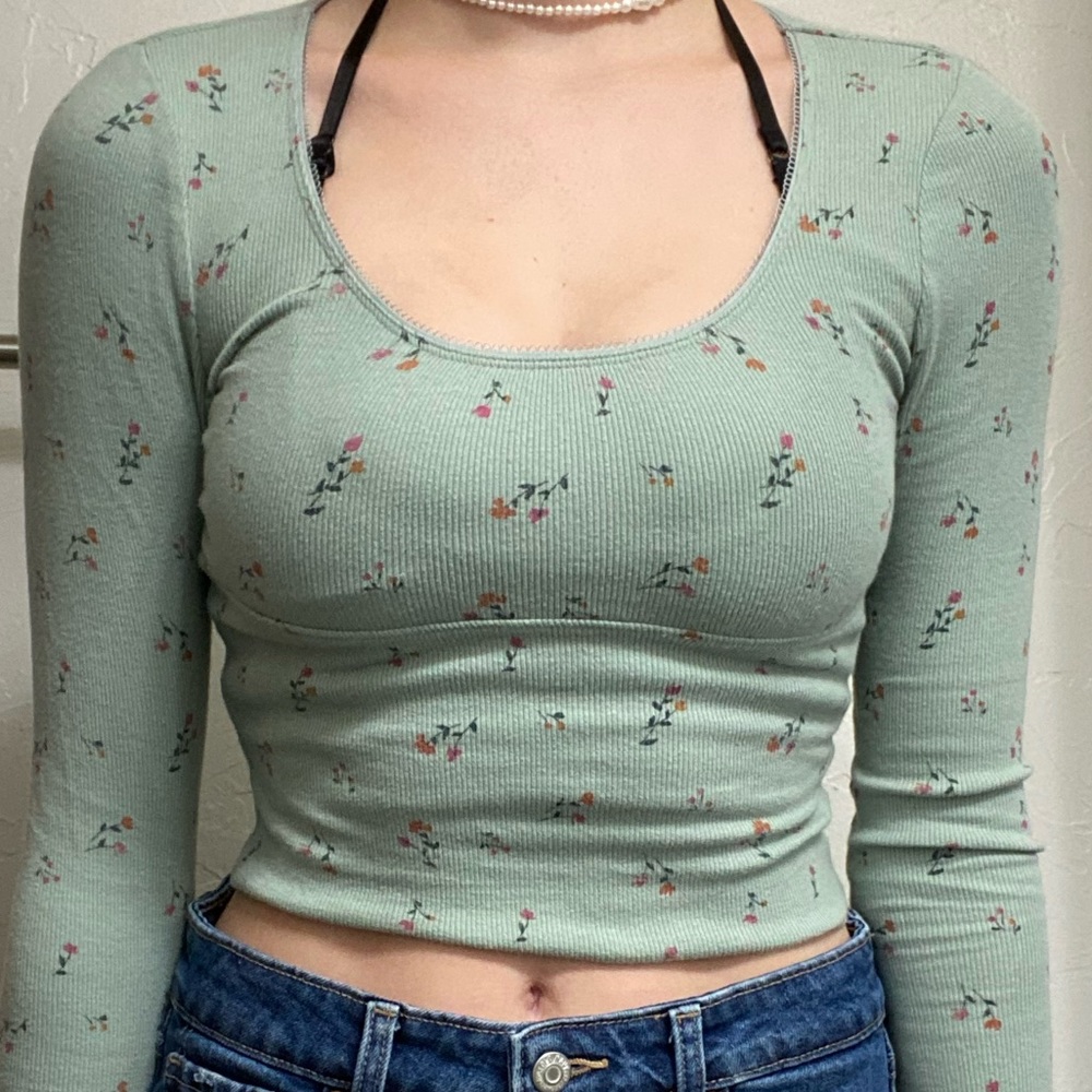 Cropped Sage and Pink Floral Long Sleeve